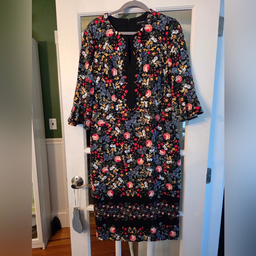 Maggy London Black Floral Long Sleeve Sheath Dress - Size 14